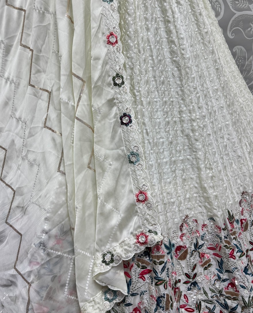 2811 - Beautiful Flower Pattern White embroidery and Thread work design Partywear Lehengacholi 